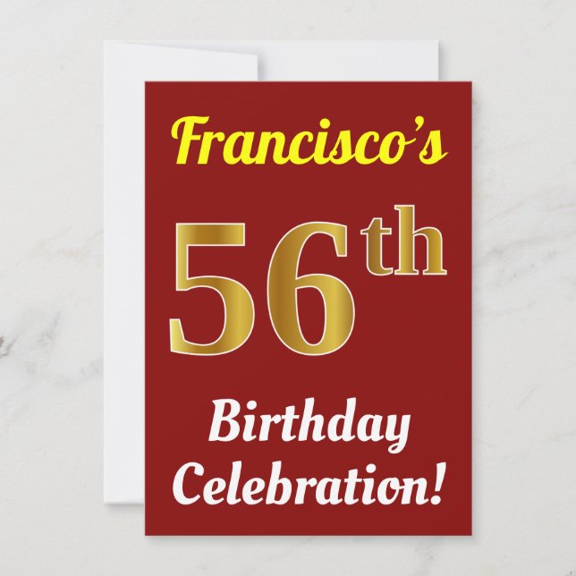 Red, Faux Gold 56th Birthday Celebration + Name Invitation (Front)
