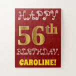 [ Thumbnail: Red, Faux Gold 56th Birthday + Custom Name Puzzle ]