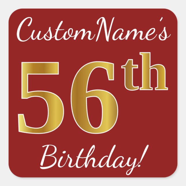 Red, Faux Gold 56th Birthday + Custom Name Sticker (Front)