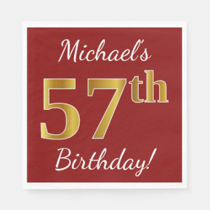 Red, Faux Gold 57th Birthday + Custom Name Napkins