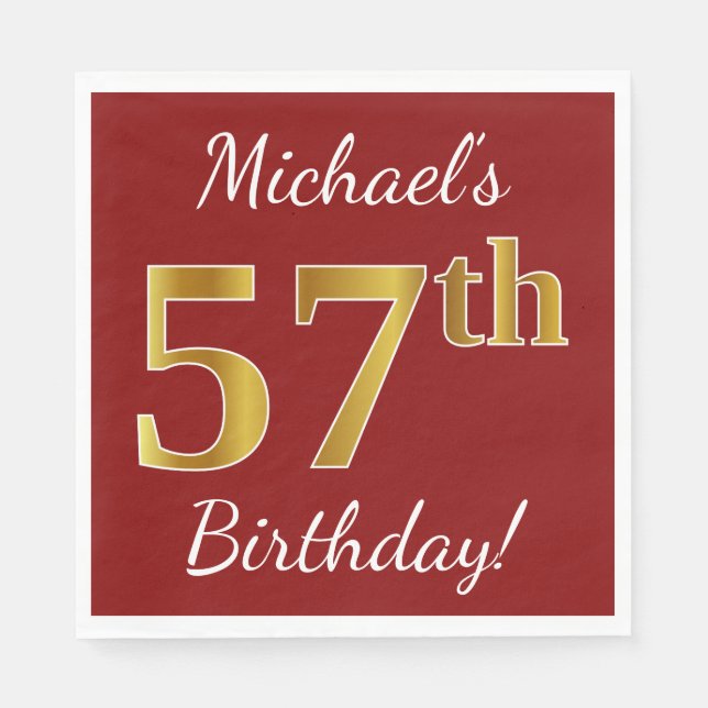 Red, Faux Gold 57th Birthday + Custom Name Napkins (Front)
