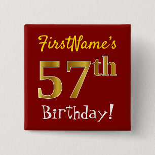 Red, Faux Gold 57th Birthday, With Custom Name Button
