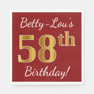 Red, Faux Gold 58th Birthday + Custom Name Napkins