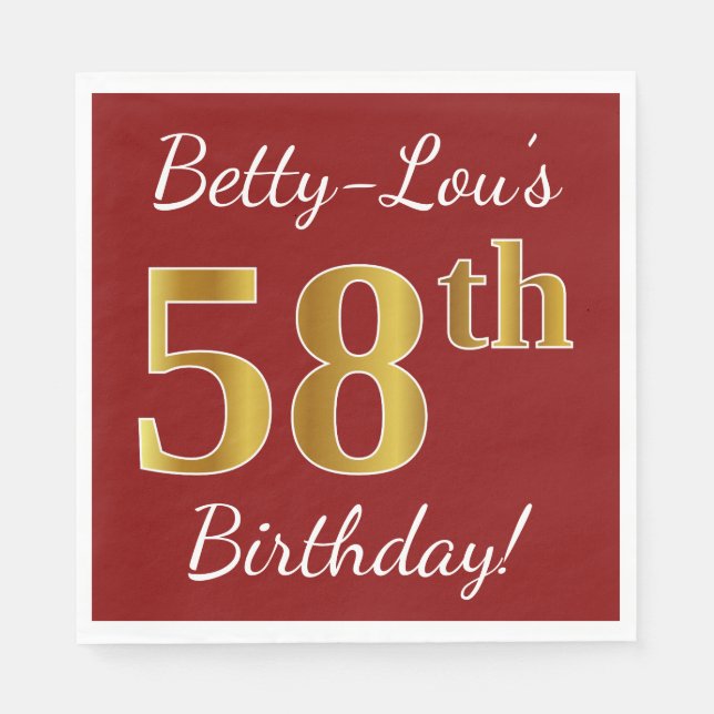 Red, Faux Gold 58th Birthday + Custom Name Napkins (Front)