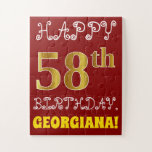 [ Thumbnail: Red, Faux Gold 58th Birthday + Custom Name Puzzle ]