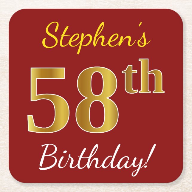 Red, Faux Gold 58th Birthday + Custom Name Square Paper Coaster (Front)