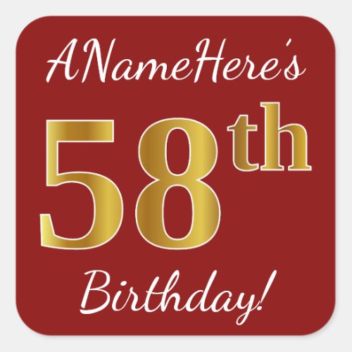 Red Faux Gold 58th Birthday  Custom Name Sticker