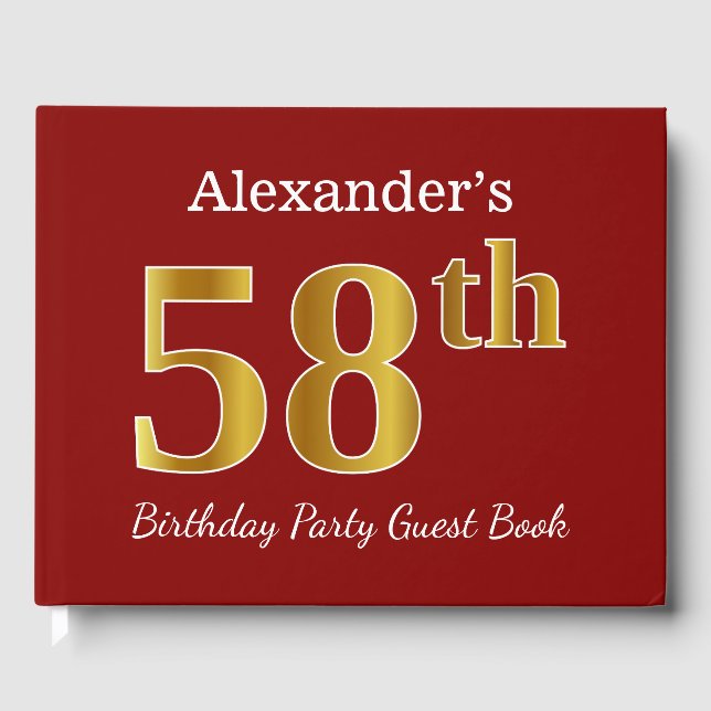Red, Faux Gold 58th Birthday Party + Custom Name Guest Book (Front)