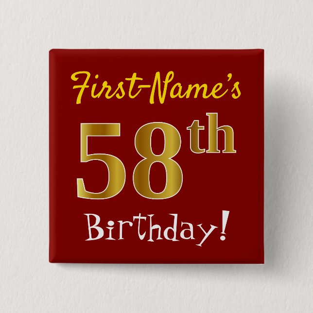 Red, Faux Gold 58th Birthday, With Custom Name Button (Front)