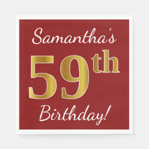 Red, Faux Gold 59th Birthday + Custom Name Napkins