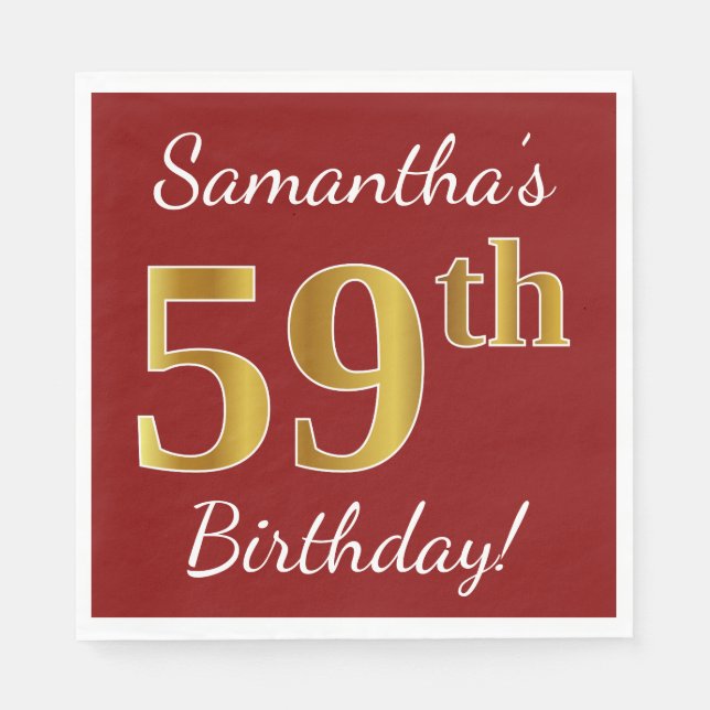 Red, Faux Gold 59th Birthday + Custom Name Napkins (Front)