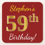 [ Thumbnail: Red, Faux Gold 59th Birthday + Custom Name Paper Coaster ]