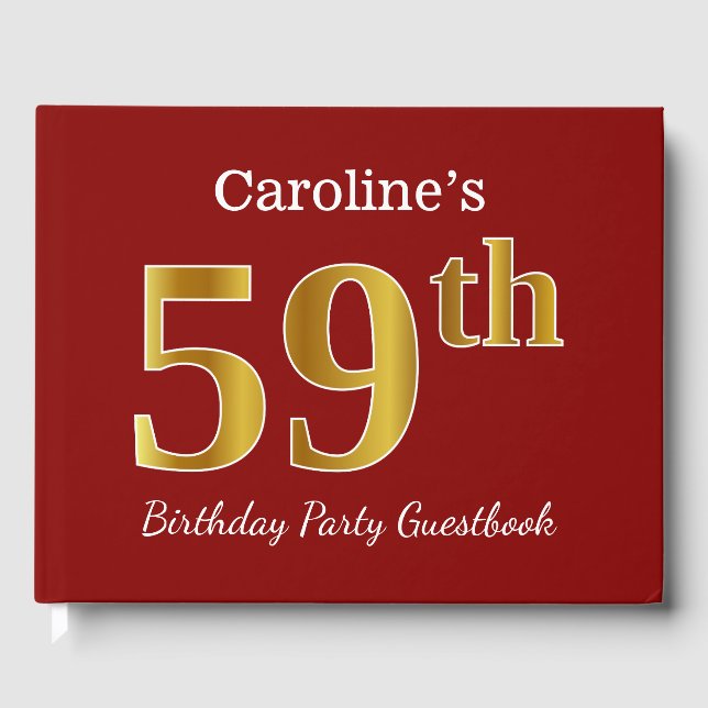 Red, Faux Gold 59th Birthday Party + Custom Name Guest Book (Front)