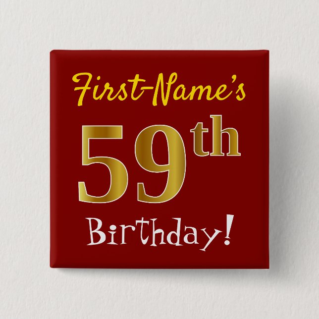 Red, Faux Gold 59th Birthday, With Custom Name Button (Front)