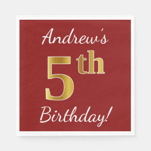 Red, Faux Gold 5th Birthday + Custom Name Paper Napkins