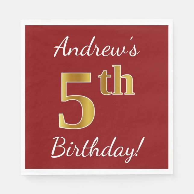 Red, Faux Gold 5th Birthday + Custom Name Paper Napkins (Front)