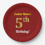 [ Thumbnail: Red, Faux Gold 5th Birthday + Custom Name Paper Plates ]