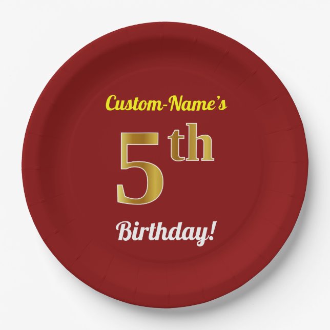 Red, Faux Gold 5th Birthday + Custom Name Paper Plates (Front)
