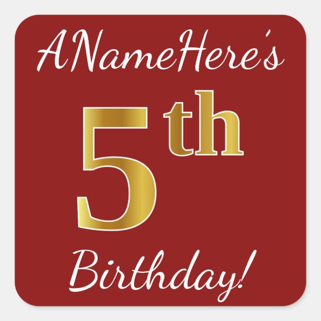 Red, Faux Gold 5th Birthday + Custom Name Sticker (Front)