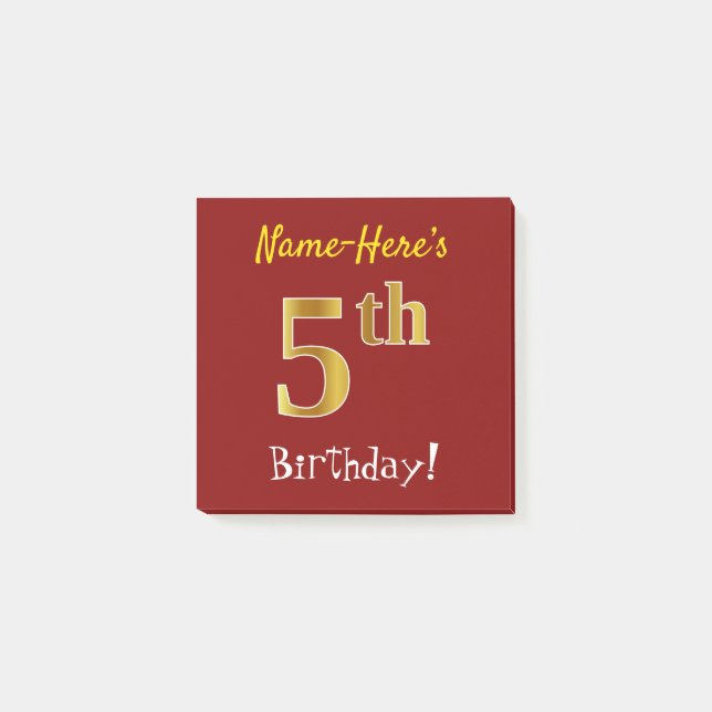 Red, Faux Gold 5th Birthday, With Custom Name Post-it Notes (Front)