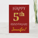 [ Thumbnail: Red, Faux Gold 5th Wedding Anniversary + Name Card ]