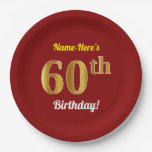 [ Thumbnail: Red, Faux Gold 60th Birthday + Custom Name Paper Plates ]