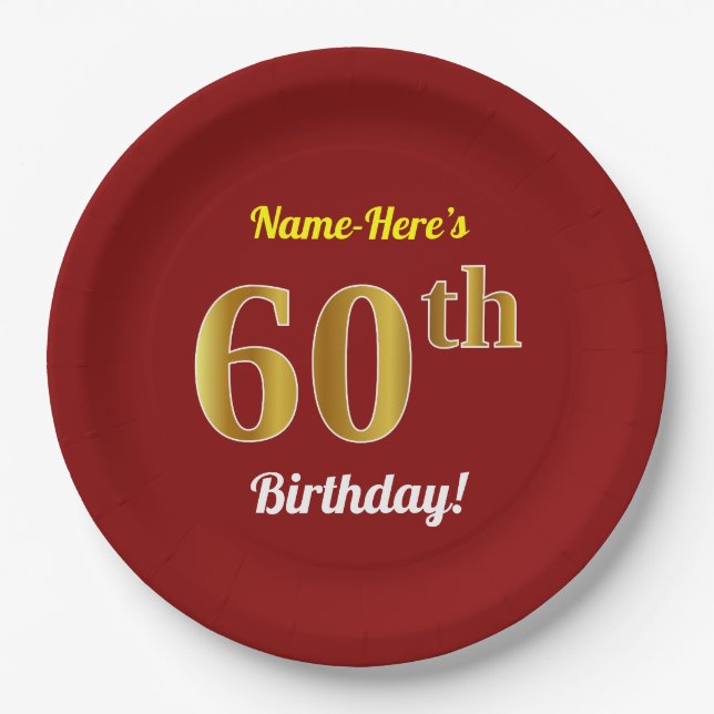Red, Faux Gold 60th Birthday + Custom Name Paper Plates (Front)