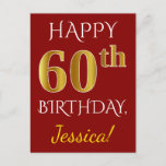 [ Thumbnail: Red, Faux Gold 60th Birthday + Custom Name Postcard ]