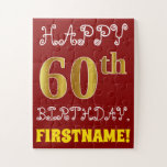 [ Thumbnail: Red, Faux Gold 60th Birthday + Custom Name Puzzle ]