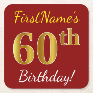 Red, Faux Gold 60th Birthday + Custom Name Square Paper Coaster
