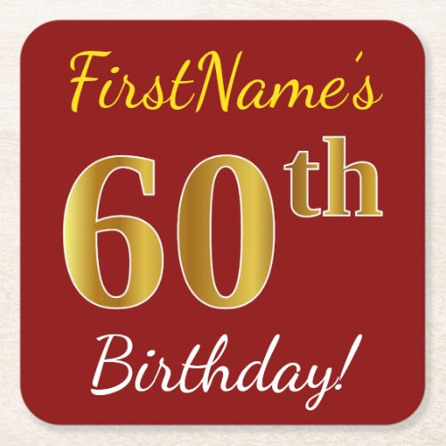 Red Faux Gold 60th Birthday  Custom Name Square Paper Coaster