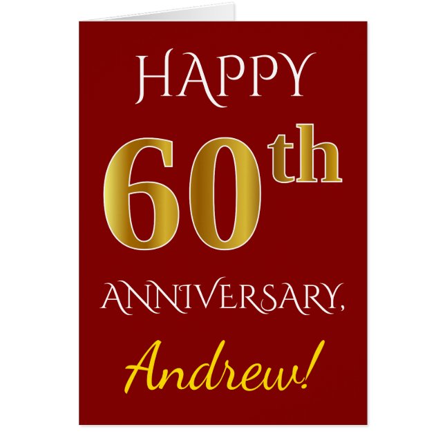 Red, Faux Gold 60th Wedding Anniversary + Name Cards (Front)