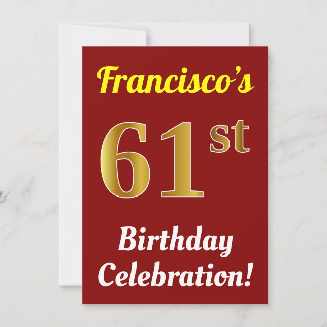 Red, Faux Gold 61st Birthday Celebration + Name Invitation (Front)