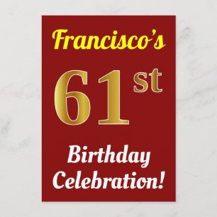 Red, Faux Gold 61st Birthday Celebration + Name Invitation