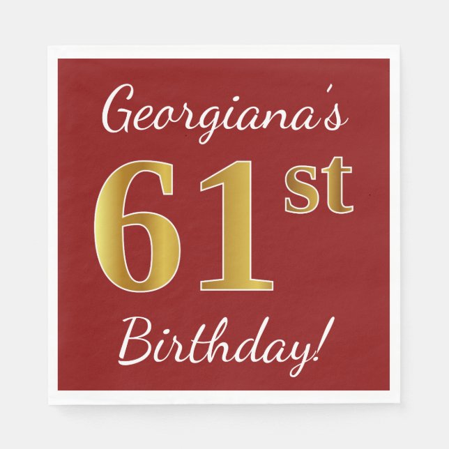 Red, Faux Gold 61st Birthday + Custom Name Napkins (Front)