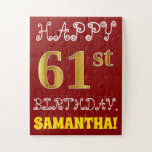 [ Thumbnail: Red, Faux Gold 61st Birthday + Custom Name Puzzle ]