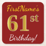 [ Thumbnail: Red, Faux Gold 61st Birthday + Custom Name Paper Coaster ]