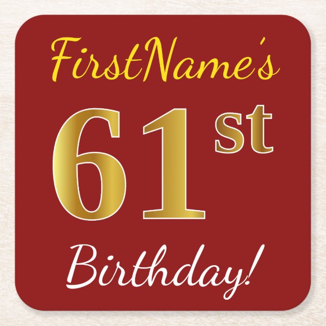 Red, Faux Gold 61st Birthday + Custom Name Square Paper Coaster (Front)