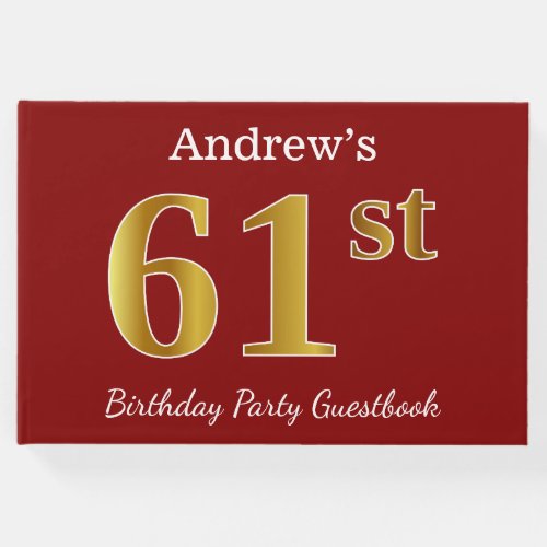 Red Faux Gold 61st Birthday Party  Custom Name Guest Book