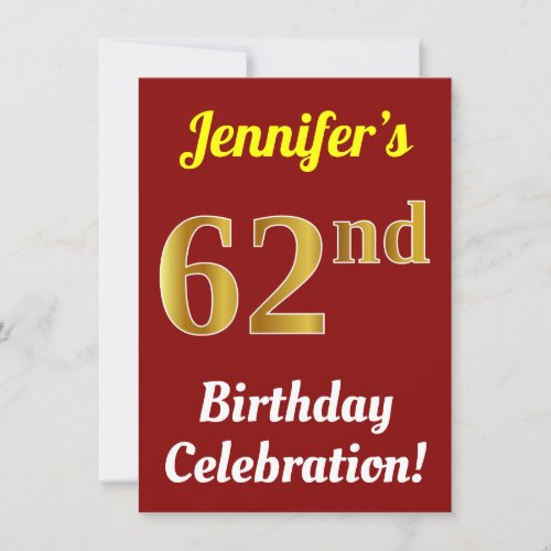 Red Faux Gold 62nd Birthday Celebration  Name Invitation