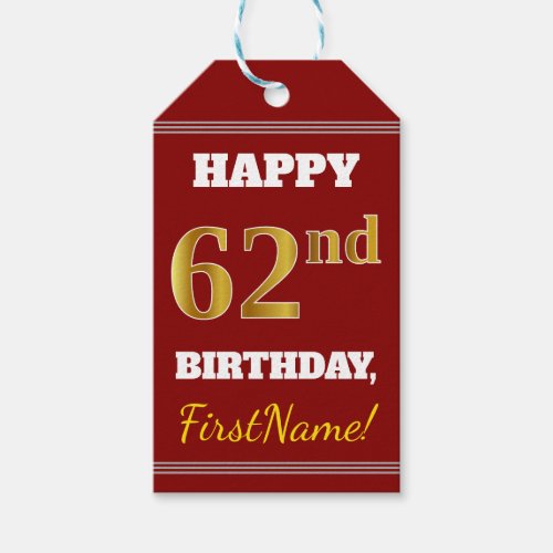 Red Faux Gold 62nd Birthday  Custom Name Gift Tags