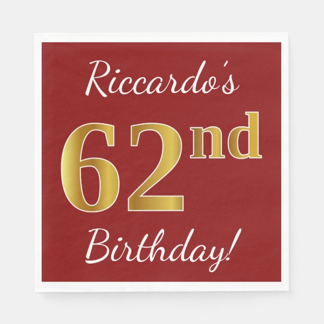Red, Faux Gold 62nd Birthday + Custom Name Napkins (Front)