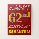 [ Thumbnail: Red, Faux Gold 62nd Birthday + Custom Name Puzzle ]