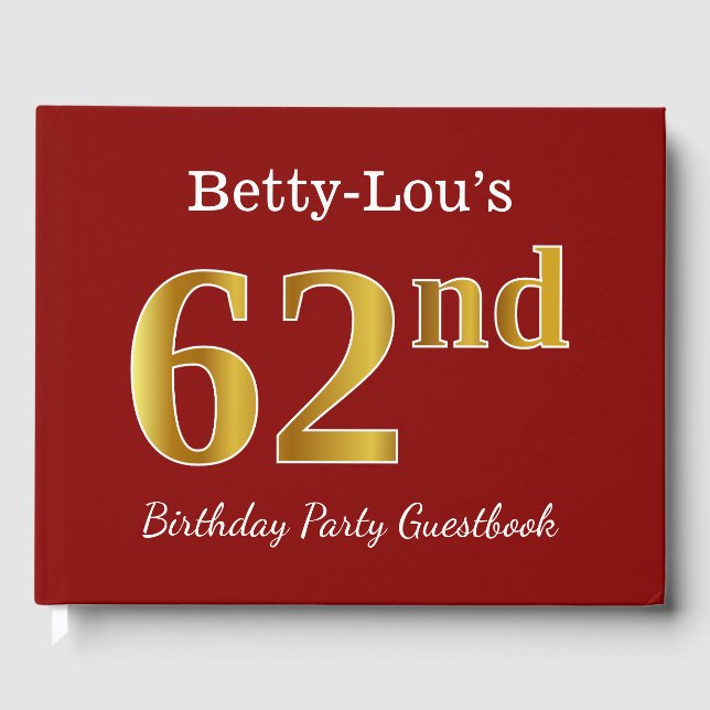 Red, Faux Gold 62nd Birthday Party + Custom Name Guest Book (Front)