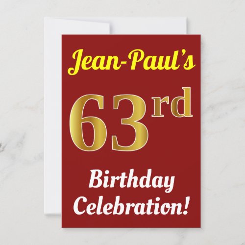 Red Faux Gold 63rd Birthday Celebration  Name Invitation