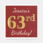 [ Thumbnail: Red, Faux Gold 63rd Birthday + Custom Name Napkins ]