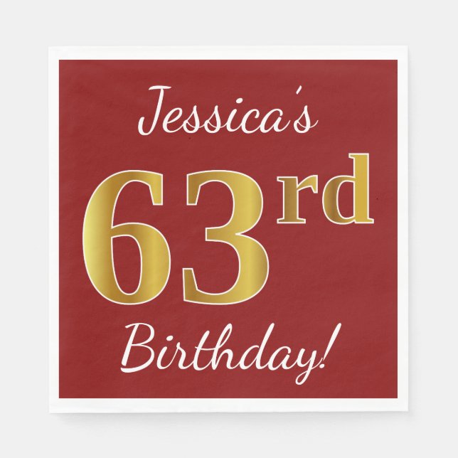Red, Faux Gold 63rd Birthday + Custom Name Napkins (Front)