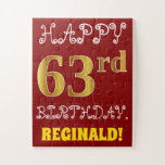 [ Thumbnail: Red, Faux Gold 63rd Birthday + Custom Name Puzzle ]