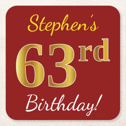 Red Faux Gold 63rd Birthday  Custom Name Square Paper Coaster