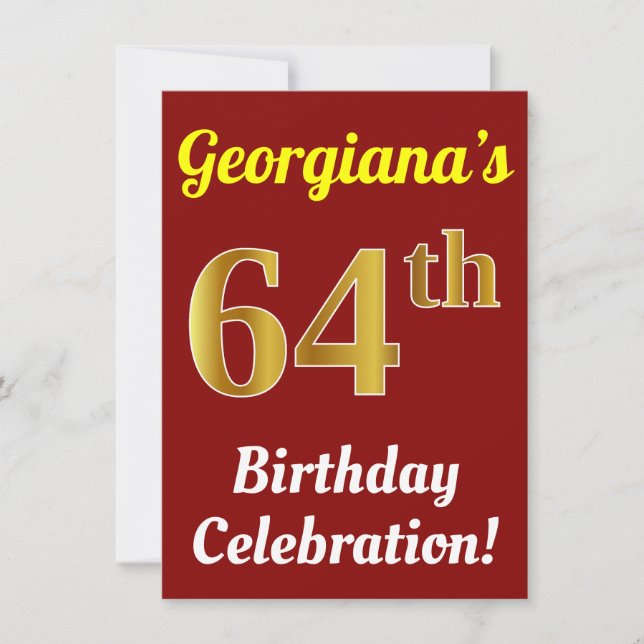 Red, Faux Gold 64th Birthday Celebration + Name Invitation (Front)
